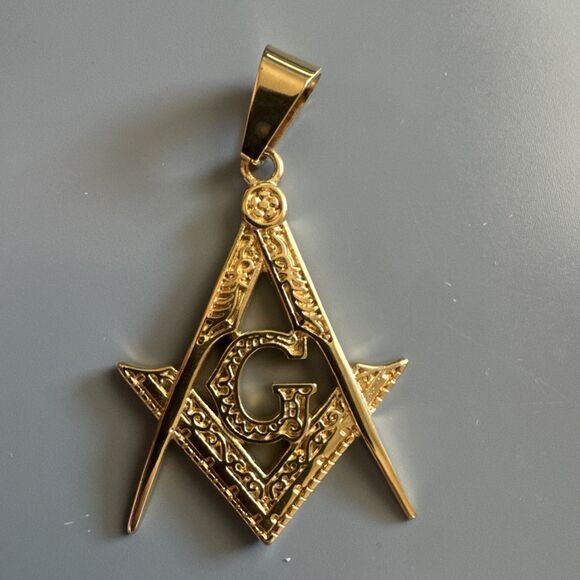 Men's Free Mason Stainless Steel Freemason Symbol Masonic Pendant Chain Gold - Picture 1 of 6